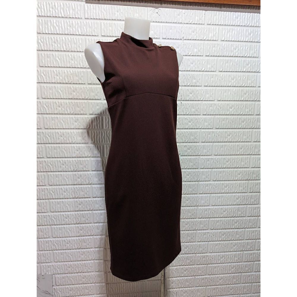 Stella & Julie Women's Brown Gold Button Shoulder Sleeveless Sheath Dress 4 NWT